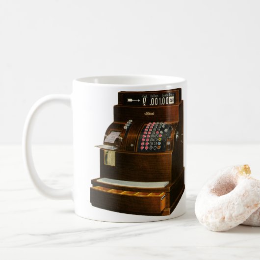 Antiek kassa,  detailhandel koffiemok (Met donut)