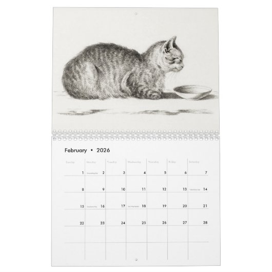 Antiek kat schetsen door Jean Bernard Duvivier Kalender (Feb 2026)