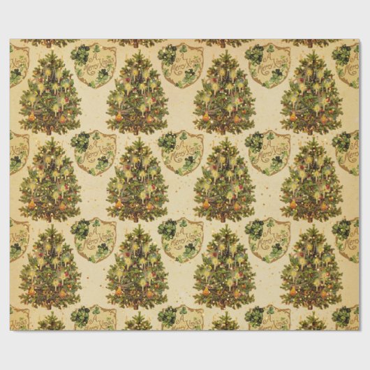 Antiek kerstboomrood kerstgoud cadeaupapier (Vlak)