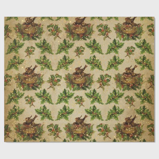 Antiek kerstgroene vogel cadeaupapier (Vlak)