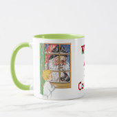 Antiek kerstman die zijn vingerMok aan het wankele Mok (Links)