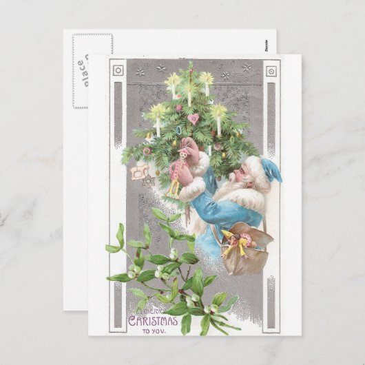 Antiek kerstman in blauw jasje met kerstboom feestdagenkaart (Voorkant / Achterkant)