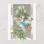 Antiek kerstman in blauw jasje met kerstboom feestdagenkaart (Voorkant)