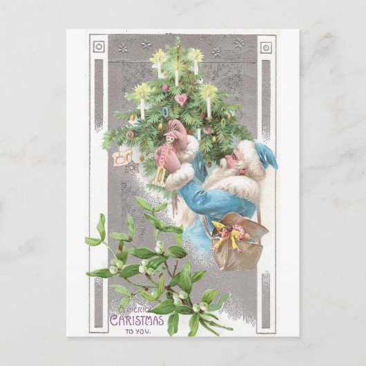 Antiek kerstman in blauw jasje met kerstboom feestdagenkaart (Voorkant)