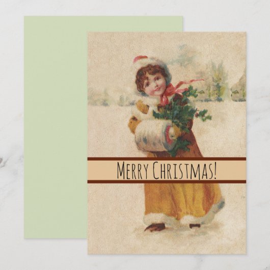 Antiek Kerstmis Meisje Winter Kind Feestdagenkaart (Voorkant / Achterkant)