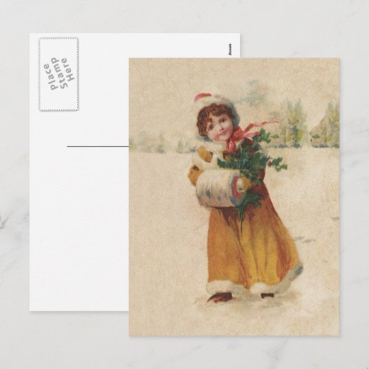 Antiek Kerstmis Meisje Winter Kind Feestdagenkaart (Voorkant / Achterkant)