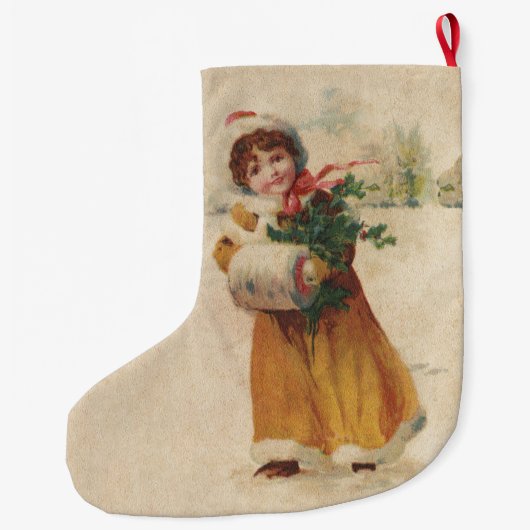 Antiek Kerstmis Meisje Winter Kind Grote Kerstsok (Achterkant)