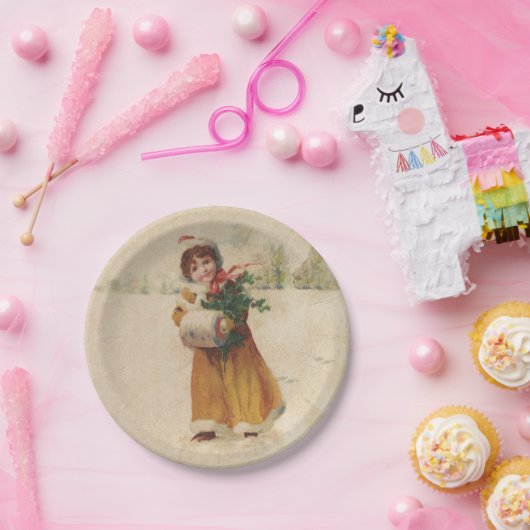 Antiek Kerstmis Meisje Winter Kind Papieren Bordje (Feest)