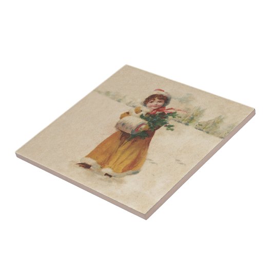 Antiek Kerstmis Meisje Winter Kind Tegeltje (Zijkant)