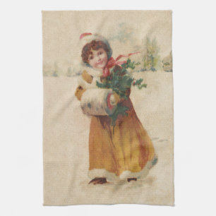 Antiek Kerstmis Meisje Winter Kind Theedoek