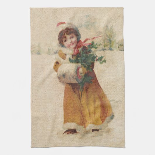 Antiek Kerstmis Meisje Winter Kind Theedoek (Verticaal)
