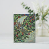 Antiek Kerstpost Kaart-Holly & Crescent Moon Feestdagenkaart (Staand voorkant)