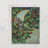 Antiek Kerstpost Kaart-Holly & Crescent Moon Feestdagenkaart (Voorkant / Achterkant)
