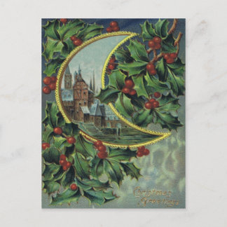 Antiek Kerstpost Kaart-Holly & Crescent Moon Feestdagenkaart