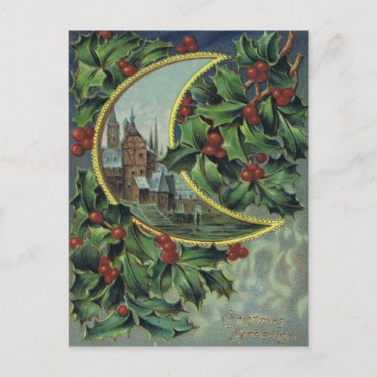 Antiek Kerstpost Kaart-Holly & Crescent Moon Feestdagenkaart (Voorkant)