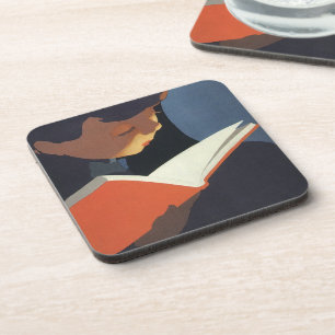 Antiek kind leest een boek uit de bibliotheek drankjes onderzetter