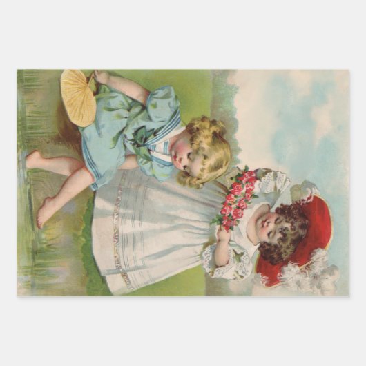 Antiek Kind plukken Daisies Flowers Inpakpapier Vel (Voorkant 2)