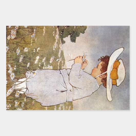 Antiek Kind plukken Daisies Flowers Inpakpapier Vel (Voorkant)