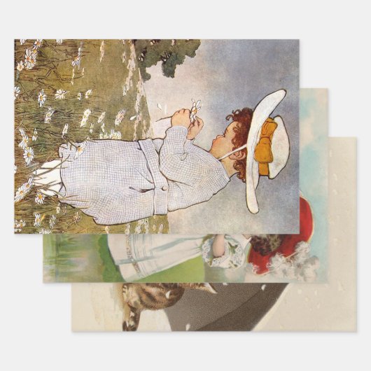 Antiek Kind plukken Daisies Flowers Inpakpapier Vel (Set)