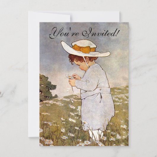 Antiek Kind plukken Daisies Flowers Kaart (Voorkant)