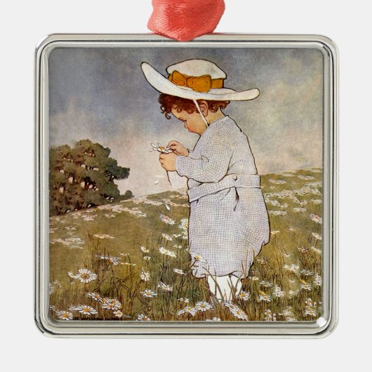 Antiek Kind plukken Daisies Flowers Metalen Ornament (Voorkant)