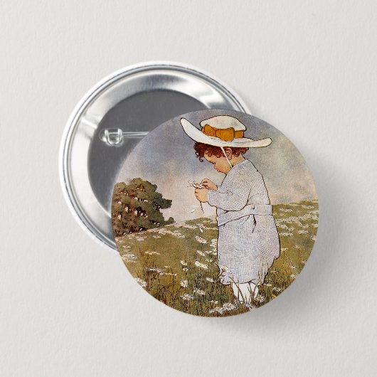 Antiek Kind plukken Daisies Flowers Ronde Button 5,7 Cm (Voorkant /achterkant)