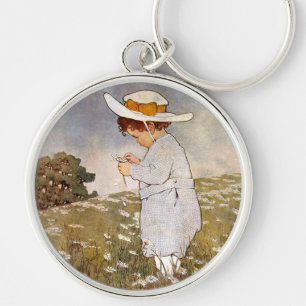 Antiek Kind plukken Daisies Flowers Sleutelhanger