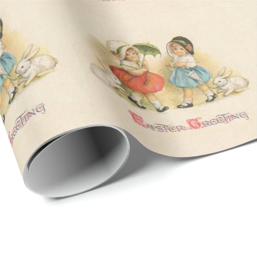 Antiek Kinderen Konijn Paaskunst Cadeaupapier (Rol Hoek)