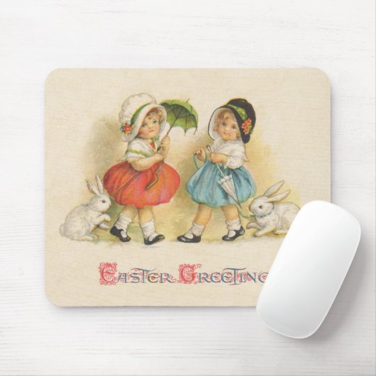 Antiek Kinderen Konijn Paaskunst Muismat (Met muis)