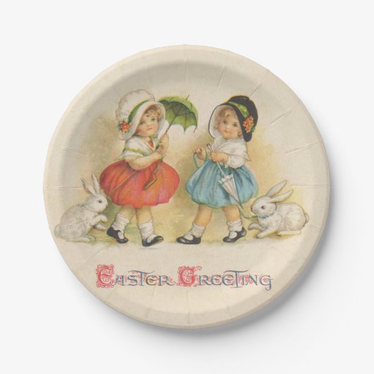 Antiek Kinderen Konijn Paaskunst Papieren Bordje (Voorkant)