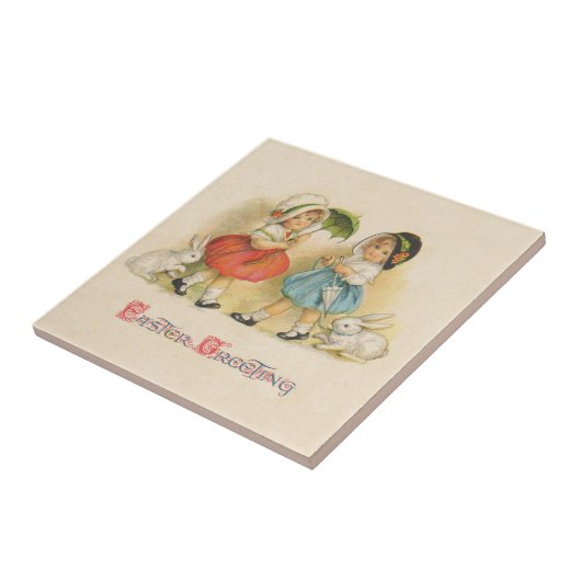 Antiek Kinderen Konijn Paaskunst Tegeltje (Zijkant)