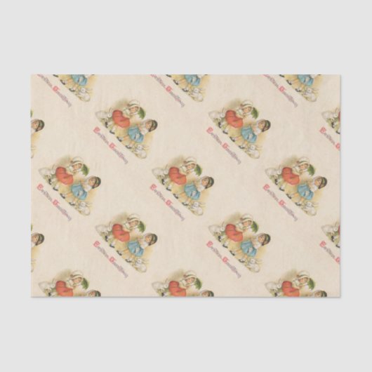 Antiek Kinderen Konijn Paaskunst Tissuepapier (Voorkant)