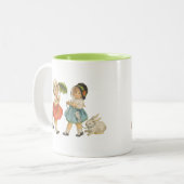 Antiek Kinderen Konijn Paaskunst Tweekleurige Koffiemok (Voorkant links)