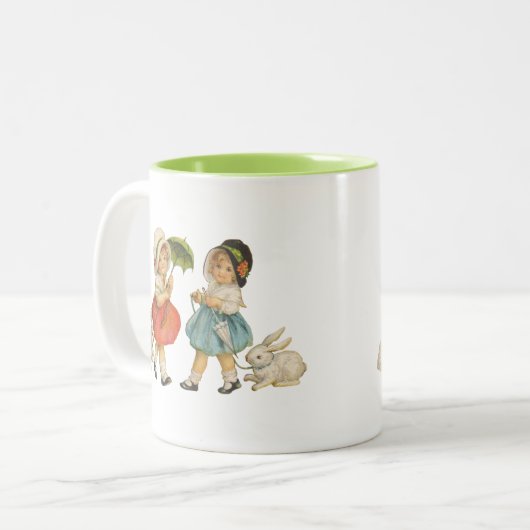 Antiek Kinderen Konijn Paaskunst Tweekleurige Koffiemok (Voorkant links)