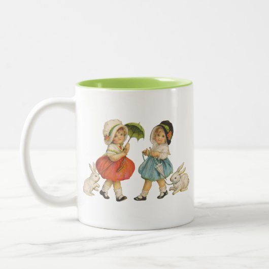 Antiek Kinderen Konijn Paaskunst Tweekleurige Koffiemok (Links)