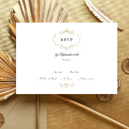 antiek klassiek goud zwart wit monogram bruiloft RSVP kaartje