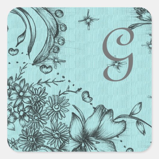 antiek kleur zwarte en waterblauwe florale bruilof vierkante sticker (Voorkant)