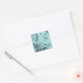 antiek kleur zwarte en waterblauwe florale bruilof vierkante sticker (Envelop)
