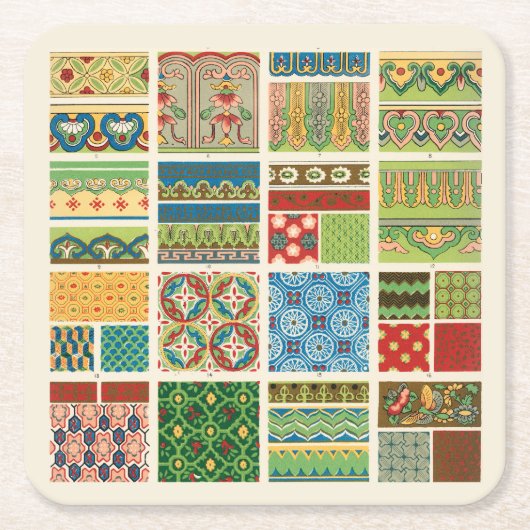 Antiek Kleurrijke Patchwork Papier Servet Kartonnen Onderzetters (Voorkant)