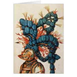 ANTIEK KNIGHT HELMET MET RODE BLAUWE VEREN