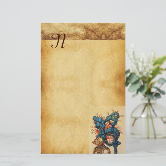 ANTIEK KNIGHT HELMET MET RODE BLAUWE VEREN BRIEFPAPIER (Staand voorkant)