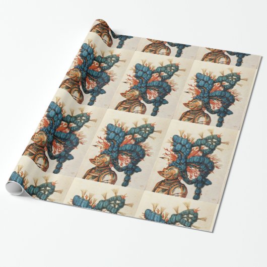 ANTIEK KNIGHT HELMET MET RODE BLAUWE VEREN CADEAUPAPIER (Uitgerold)