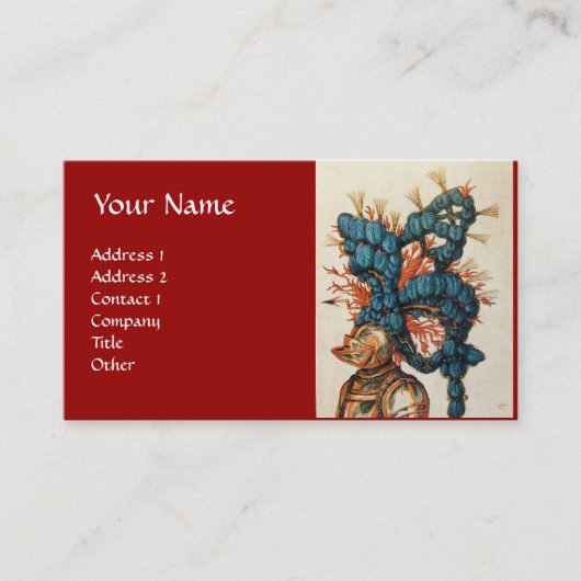 ANTIEK KNIGHT HELMET MET RODE BLAUWE VEREN VISITEKAARTJE (Voorkant)