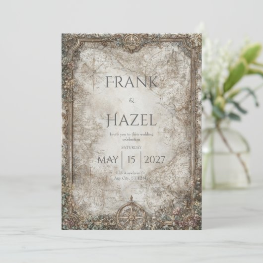 Antiek kompas betoverd bos bruiloft kaart (Staand voorkant)