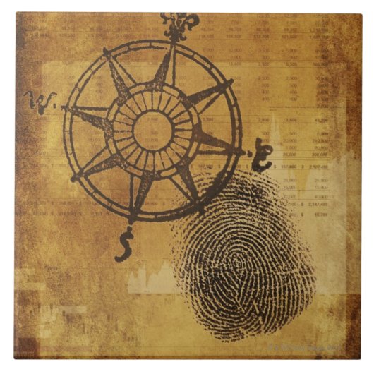 Antiek kompas roos met vingerafdruk tegeltje (Voorkant)