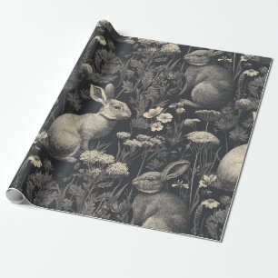 Antiek konijn toile zwart botanisch patroon cadeaupapier