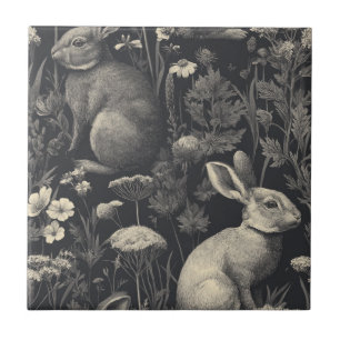 Antiek konijn toile zwart botanisch patroon tegeltje