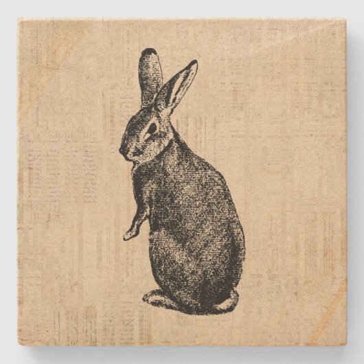 Antiek konijnenillustratie Bunny Art met script Stenen Onderzetter (Voorkant)