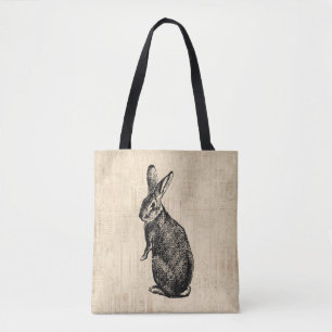 Antiek konijnenillustratie Bunny Art met script Tote Bag