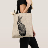 Antiek konijnenillustratie Bunny Art met script Tote Bag (Dichtbij)